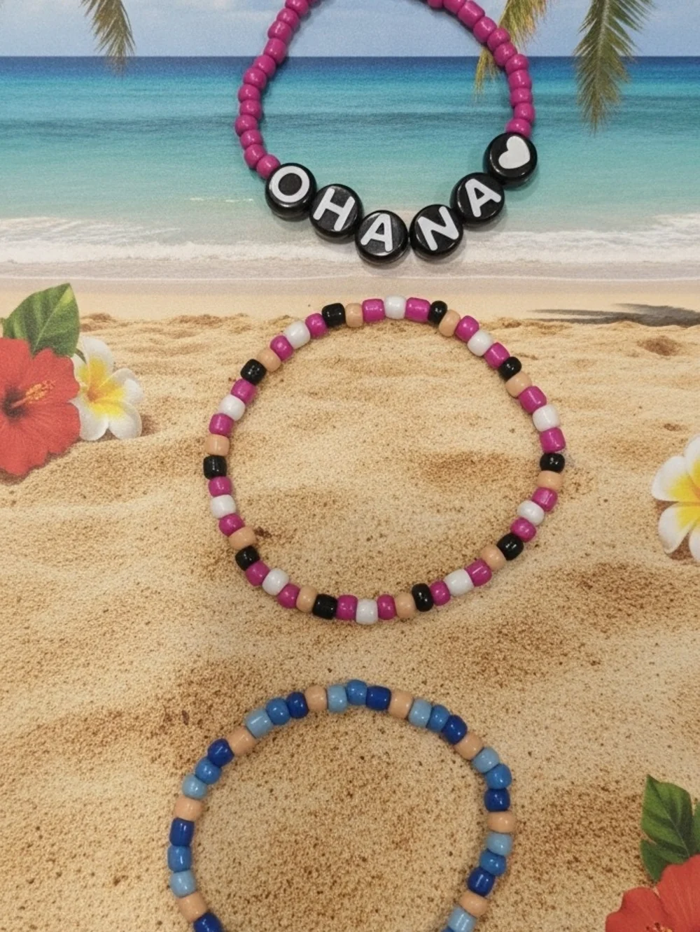 Kids Pink Beaded OHANA Bracelet Set